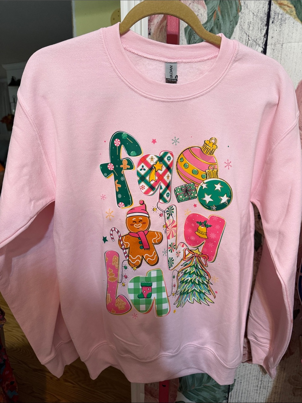 NWT Gildan Pink Holiday Graphic Sweatshirt with Festive Ornaments
